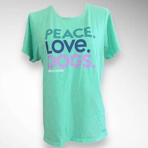Life Is Good Aqua Tee with Peace Love Dogs Graphic